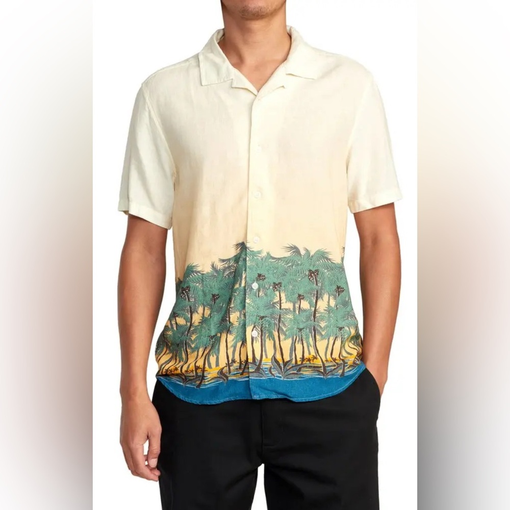 RVCA Hawaiian Shirt Mens Floral Wasted Palms Trees Island Linen Blend Easy Fit S